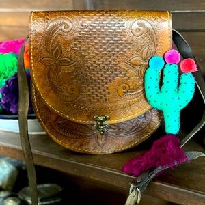 Mexican hand tooled Leather Bag with cactus tassel